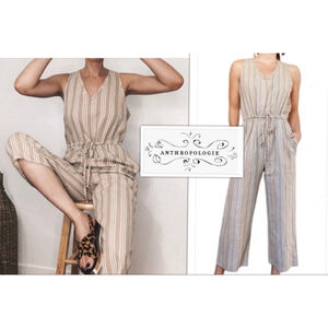 Anthropologie Neutral Stripe Preppy Chic Soft Linen Jumpsuit by DREW size Lg